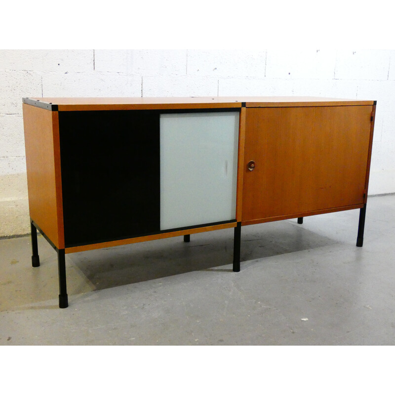 Vintage Arp sideboard in ash veneer and black lacquered metal by Pierre Guariche for Minvielle, 1960