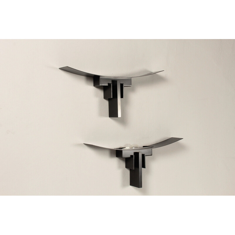 Pair of vintage black metal wall lights by Jean Michel Wilmotte for Sce, France 1980