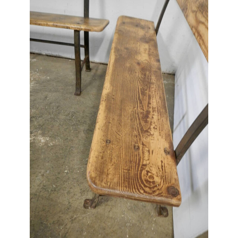 Pair of vintage benches in natural pine and iron
