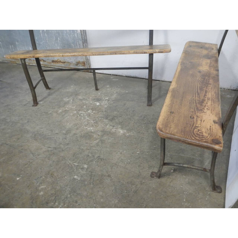 Pair of vintage benches in natural pine and iron