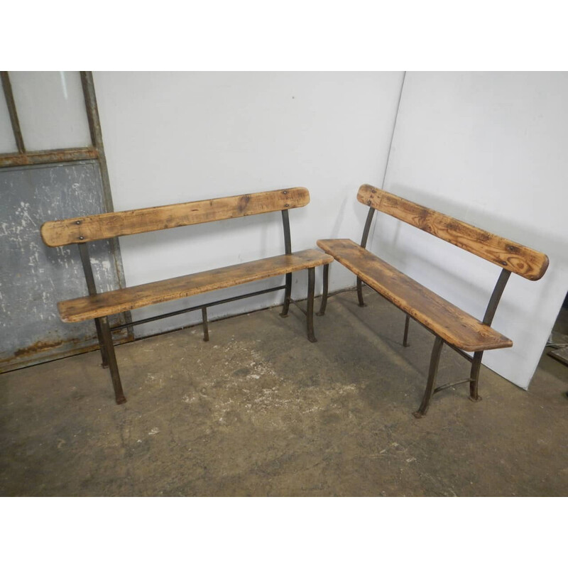 Pair of vintage benches in natural pine and iron