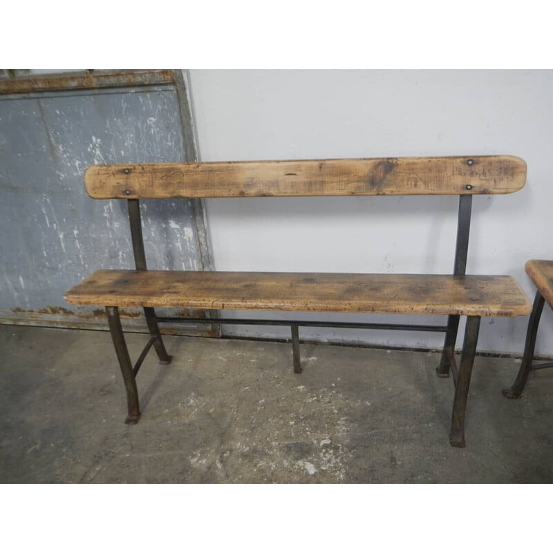 Pair of vintage benches in natural pine and iron