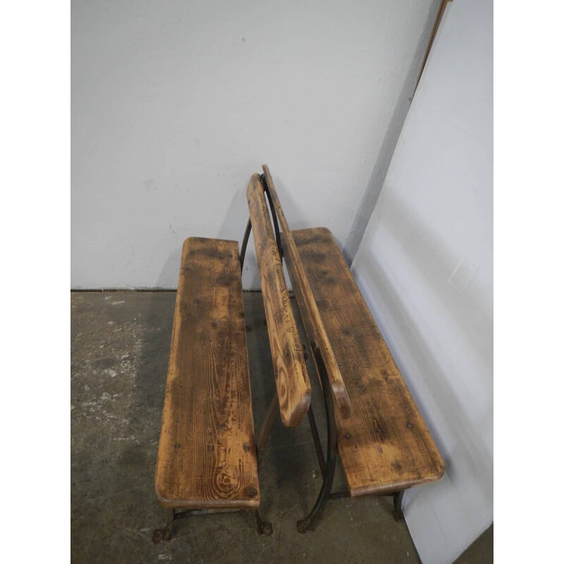 Pair of vintage benches in natural pine and iron