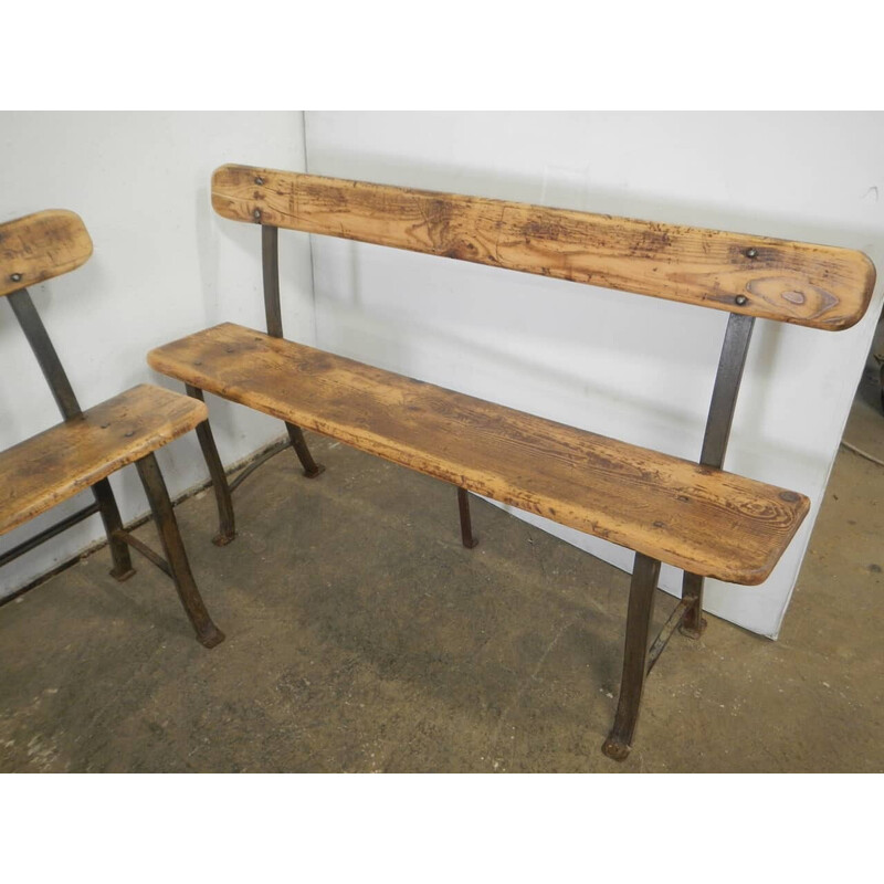 Pair of vintage benches in natural pine and iron