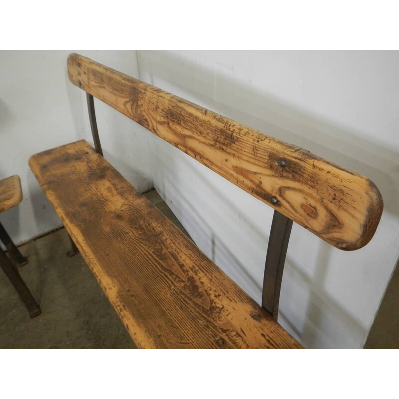 Pair of vintage benches in natural pine and iron
