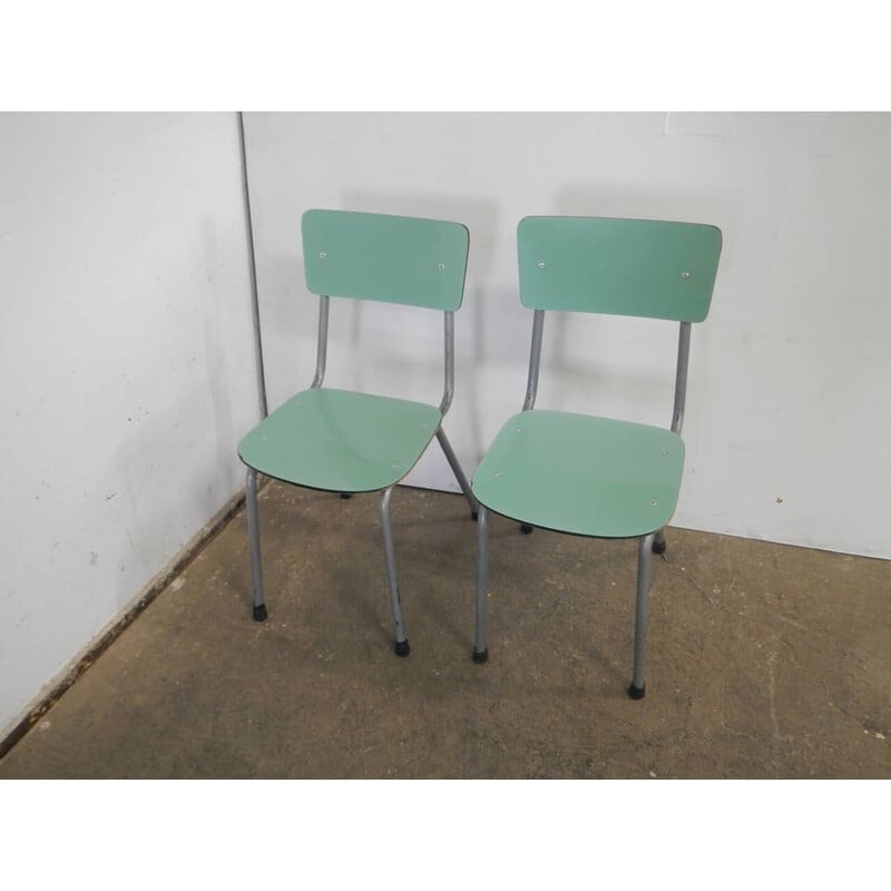 Pair of vintage children's chairs in metal and green formica