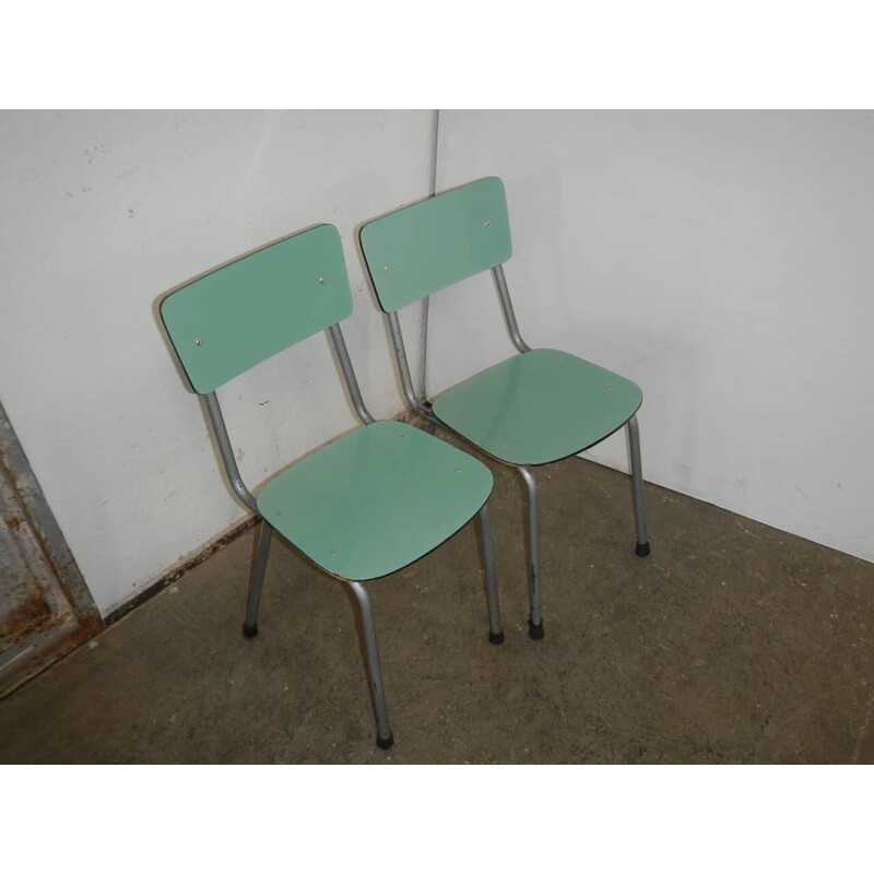 Pair of vintage children's chairs in metal and green formica