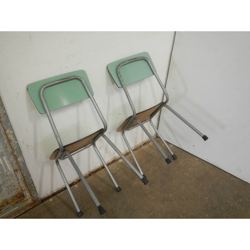 Pair of vintage children's chairs in metal and green formica