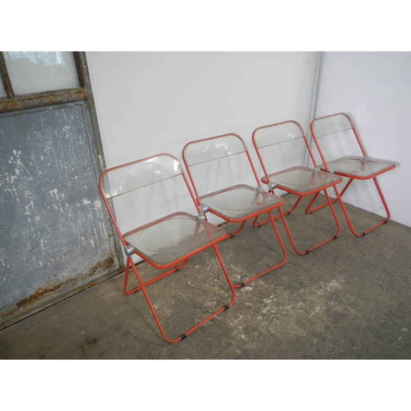 Lot de 4 chaises vintage Pila en métal rouge et plastique par Anonima Castelli