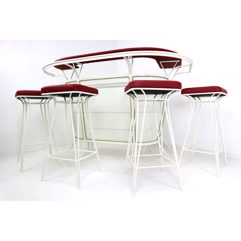 Bar set with 4 stools in perforated metal - 1950s