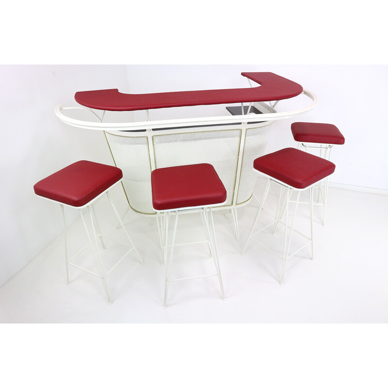 Bar set with 4 stools in perforated metal - 1950s