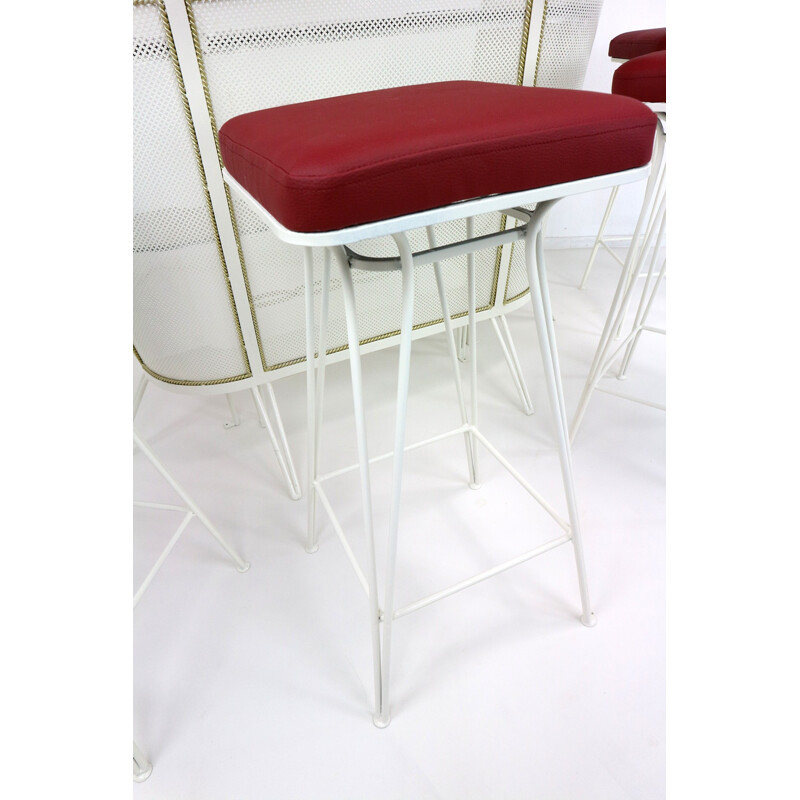 Bar set with 4 stools in perforated metal - 1950s