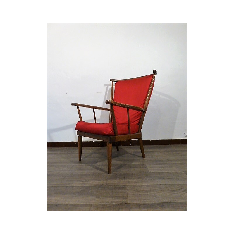 Baumann red armchair with wooden frame - 1960s