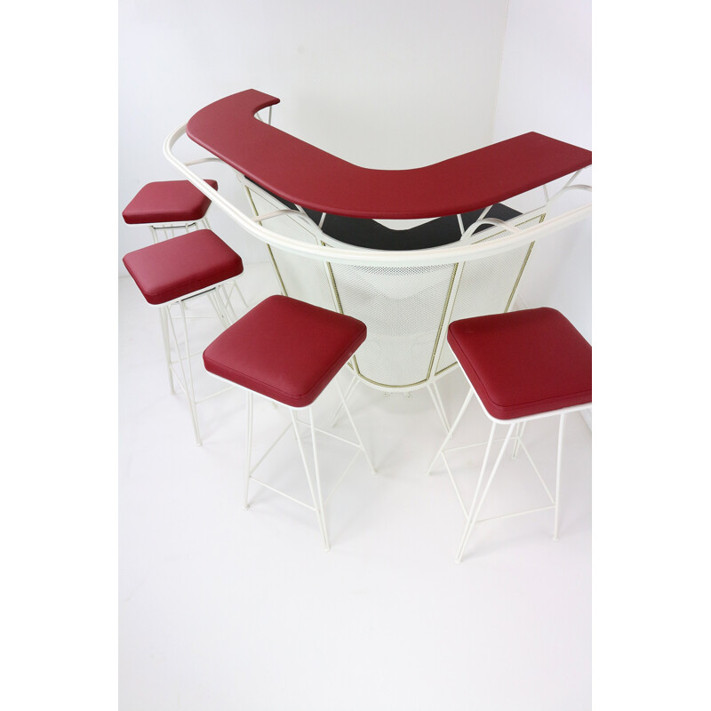 Bar set with 4 stools in perforated metal - 1950s