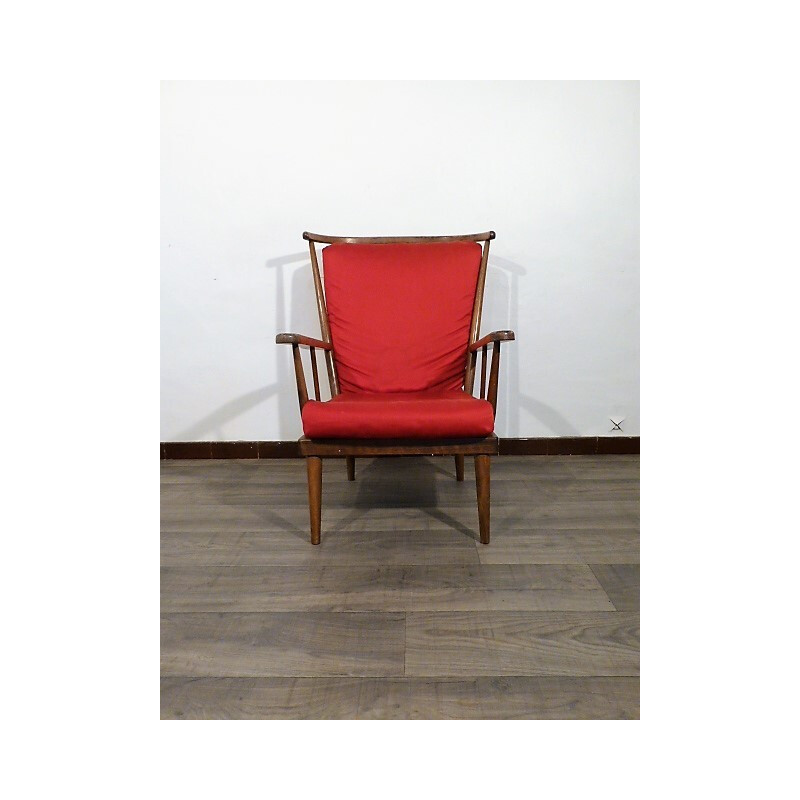 Baumann red armchair with wooden frame - 1960s