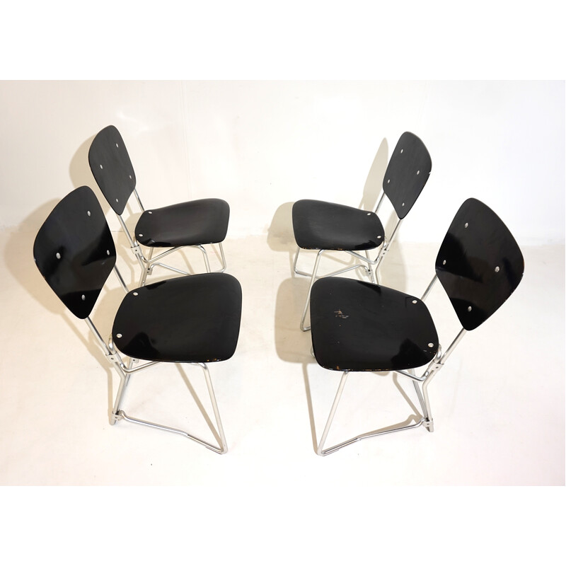 Set of 4 vintage stackable chairs in aluminum and black wood by Armin Wirth for Ph. Zieringer, 1950