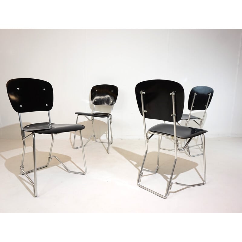 Set of 4 vintage stackable chairs in aluminum and black wood by Armin Wirth for Ph. Zieringer, 1950