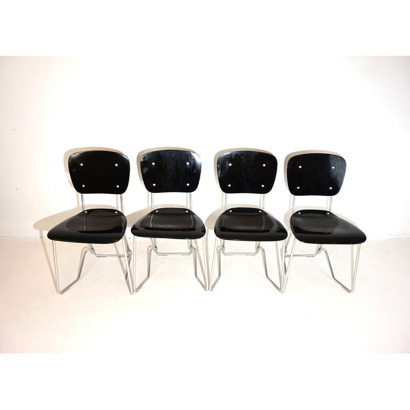 Set of 4 vintage stackable chairs in aluminum and black wood by Armin Wirth for Ph. Zieringer, 1950
