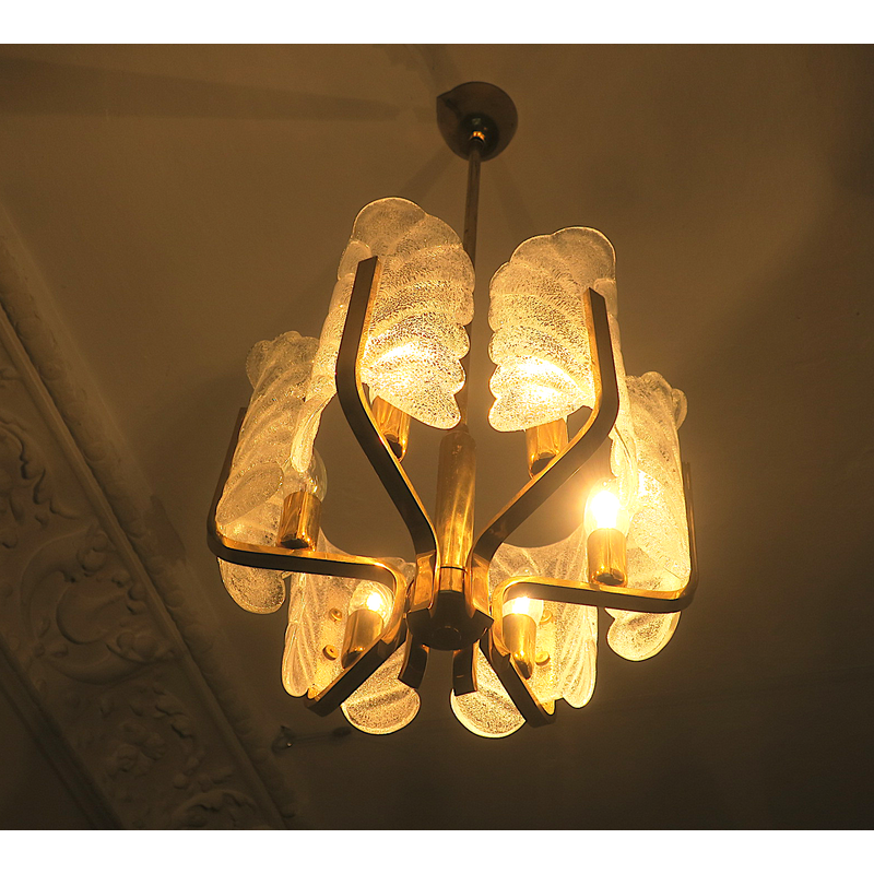 Vintage brass chandelier with 6 acanthus leaves by Carl Fagerlund for Orrefors, Sweden 1960