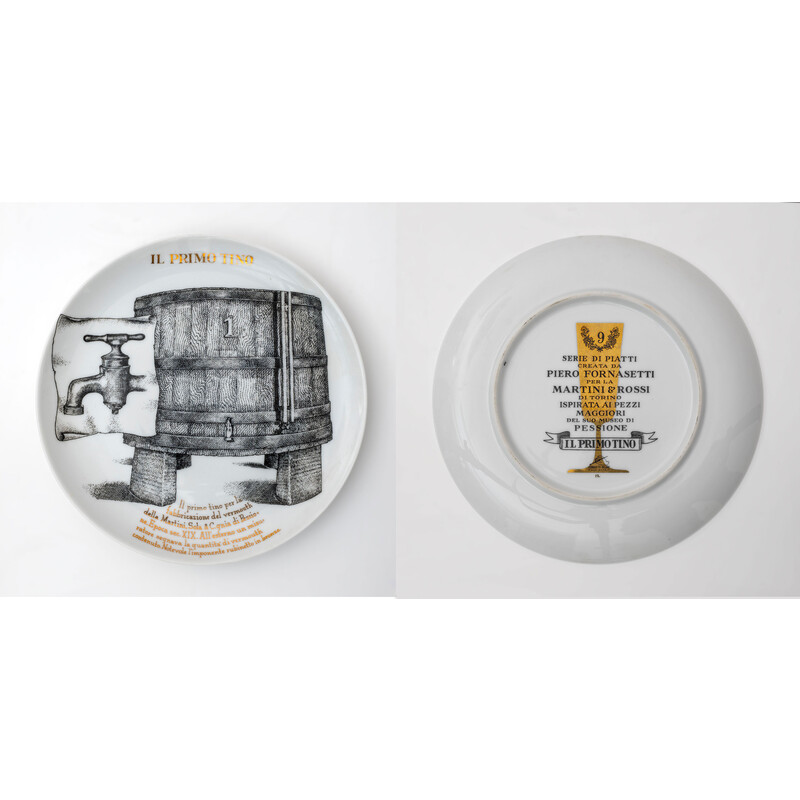 Set of vintage porcelain plates decorated by Piero Fornasetti for Martini and Rossi, 1960