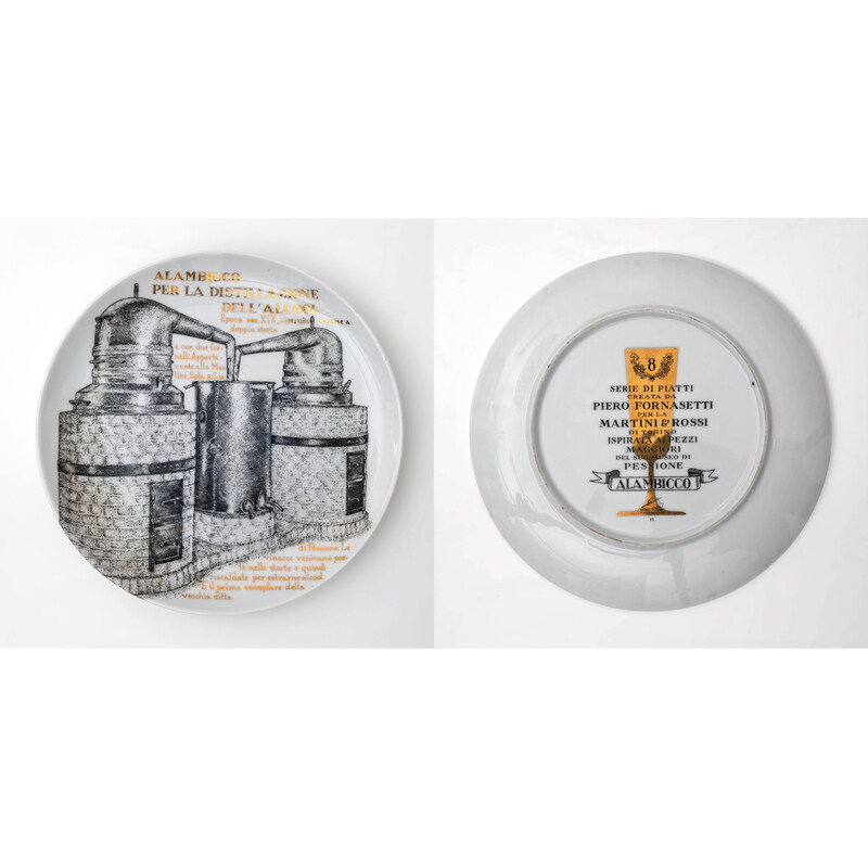 Set of vintage porcelain plates decorated by Piero Fornasetti for Martini and Rossi, 1960