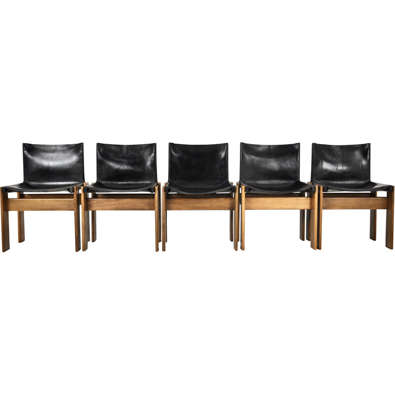 Vintage Monk dining room chairs in black leather and wood by Afra and Tobia Scarpa for Molteni, 1970