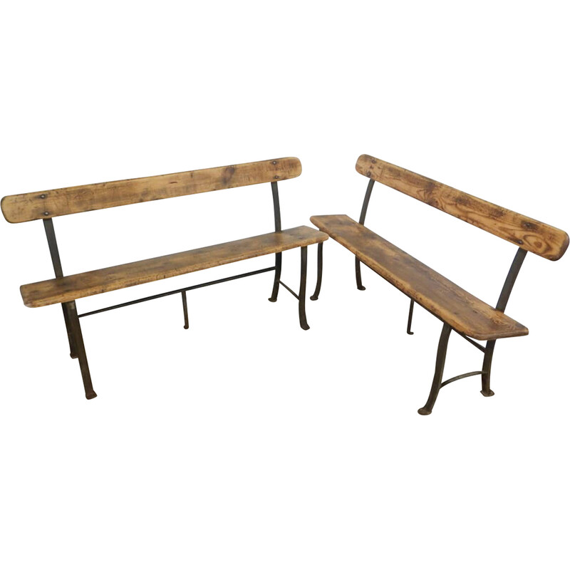 Pair of vintage benches in natural pine and iron