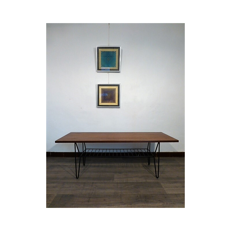 Vintage black wood and metal rectangular coffee table - 1960s