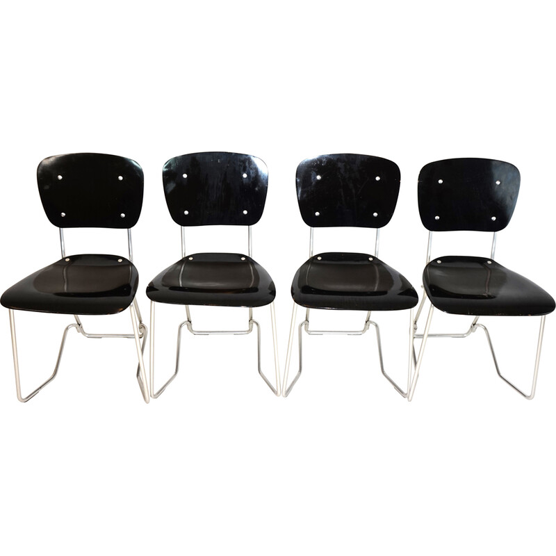 Conjunto de 4 cadeiras empilháveis vintage em alumínio e madeira preta de Armin Wirth para Ph. Zieringer, 1950