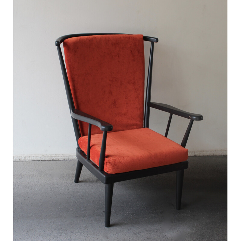 Wooden red armchair with highback -  1960s