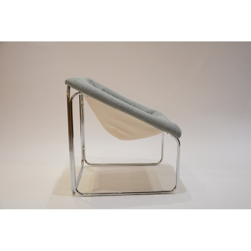 Fauteuil français tubulaire gris en chrome et en tissu - 1970