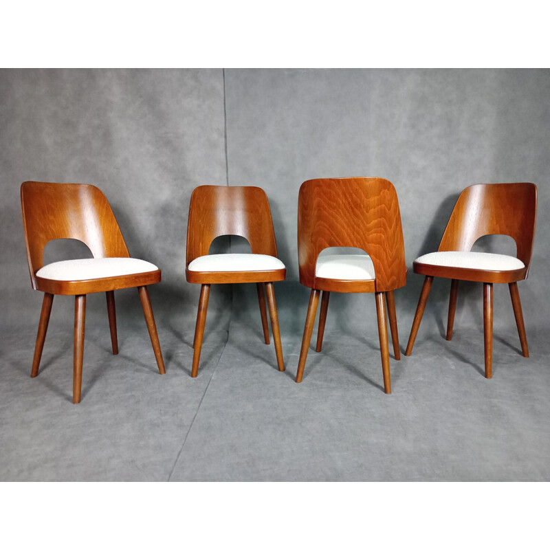 Set of 4 vintage chairs in walnut and Boucle fabric by Oswald Haerdtt for Ton, 1955