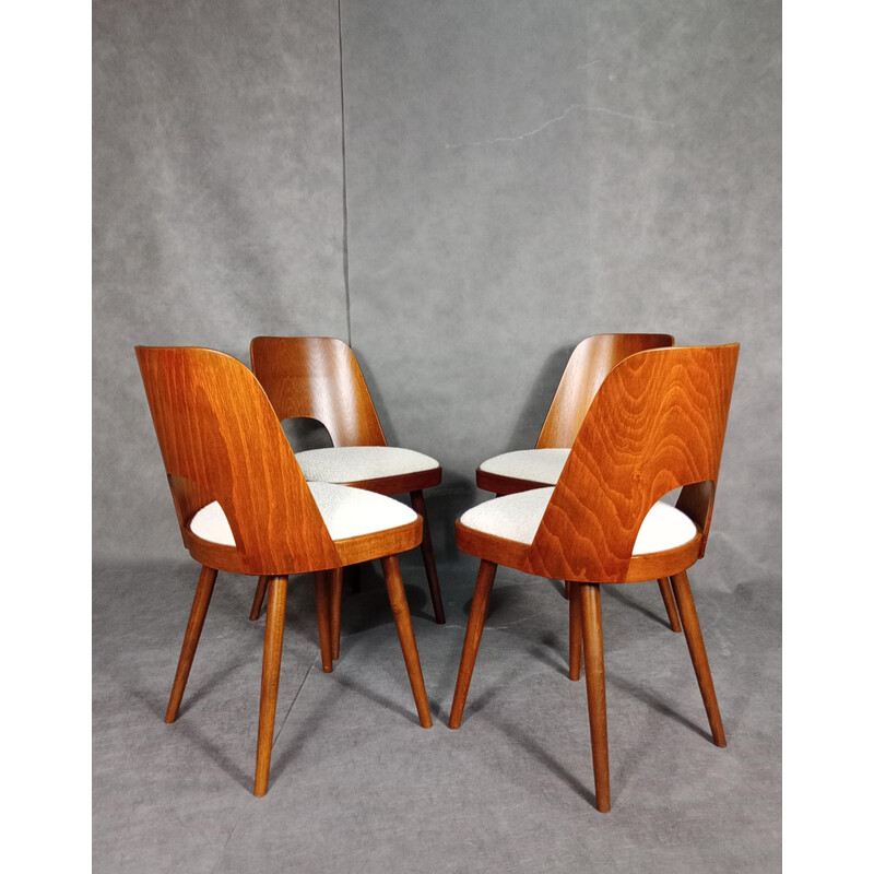 Set of 4 vintage chairs in walnut and Boucle fabric by Oswald Haerdtt for Ton, 1955