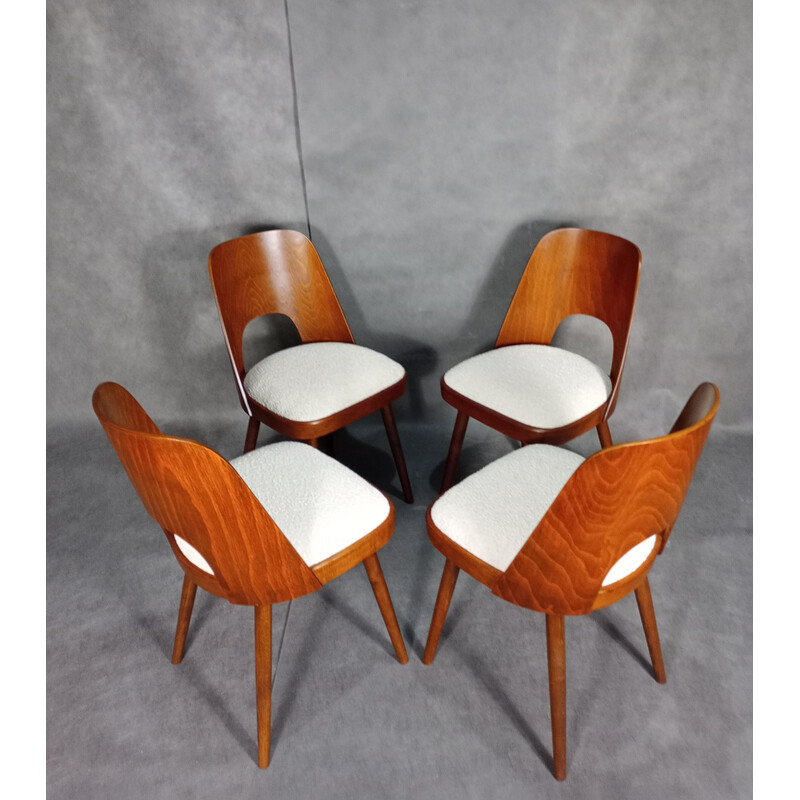 Set of 4 vintage chairs in walnut and Boucle fabric by Oswald Haerdtt for Ton, 1955