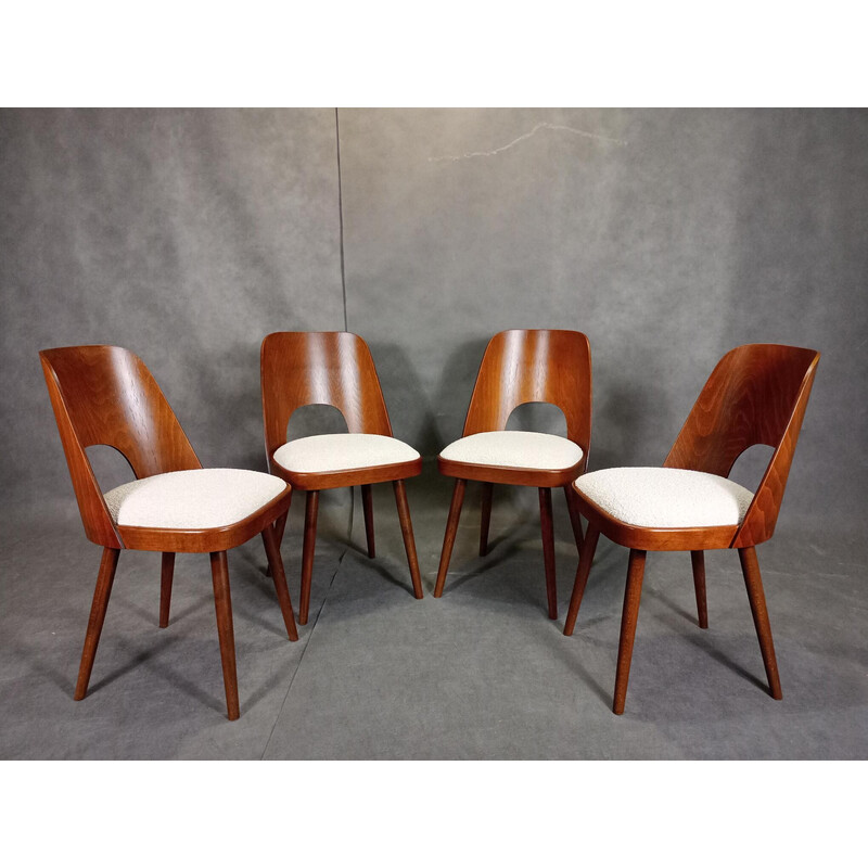 Set of 4 vintage chairs in walnut and Boucle fabric by Oswald Haerdtt for Ton, 1955