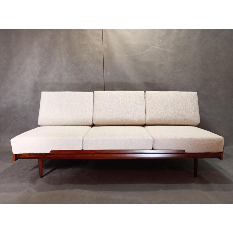 Vintage 3-seater sofa in walnut and bouclé fabric for Jitona, Czechoslovakia 1960