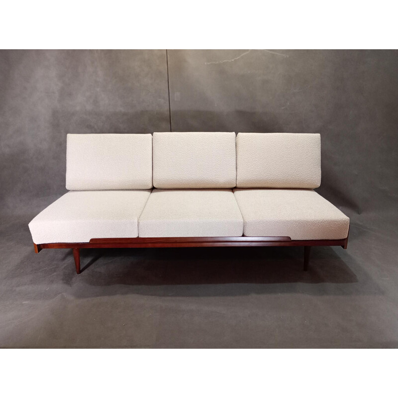 Vintage 3-seater sofa in walnut and bouclé fabric for Jitona, Czechoslovakia 1960