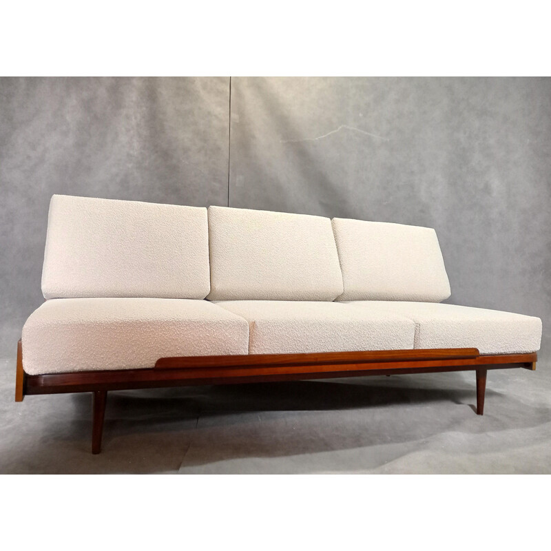 Vintage 3-seater sofa in walnut and bouclé fabric for Jitona, Czechoslovakia 1960