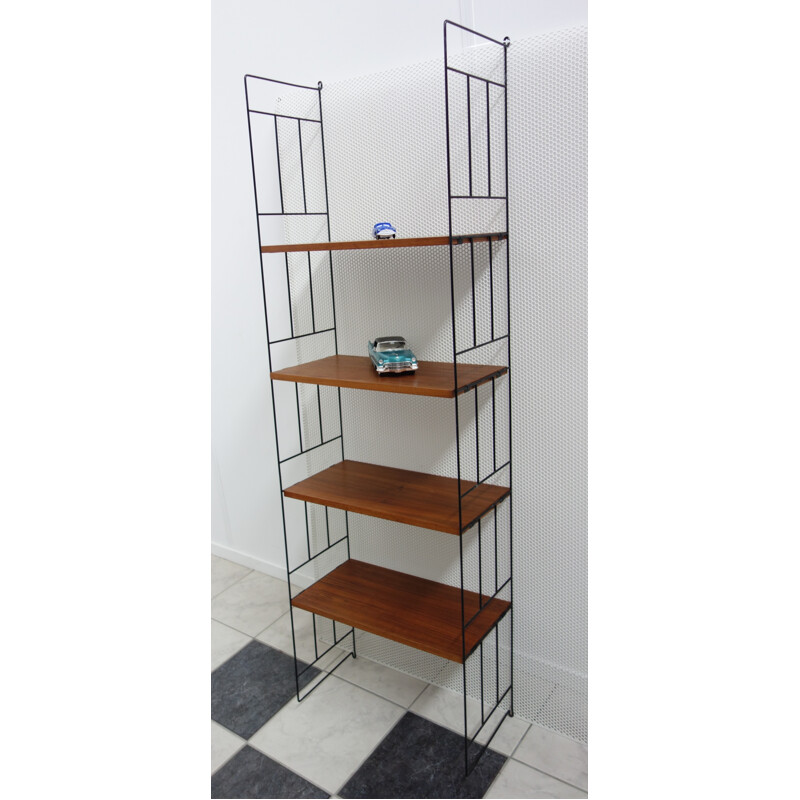 Large wall storage unit with 4 wooden shelves - 1960s