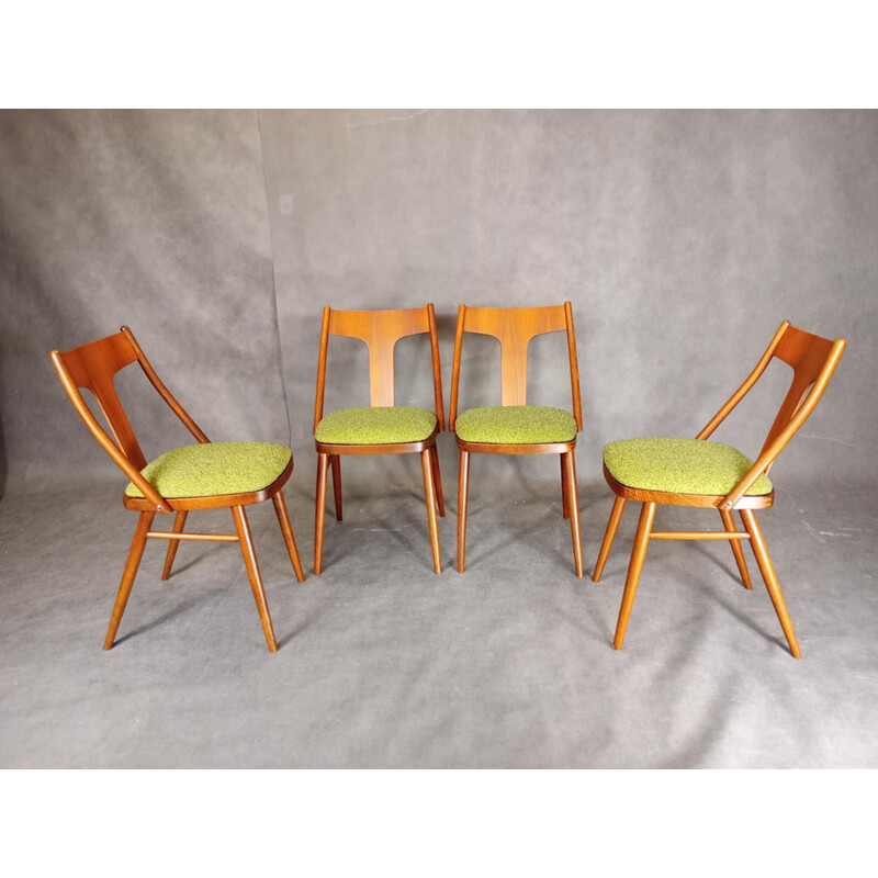 Set van 4 vintage stoelen in walnoot en groene stof van Miere Topolčany, Tsjecho-Slowakije 1960