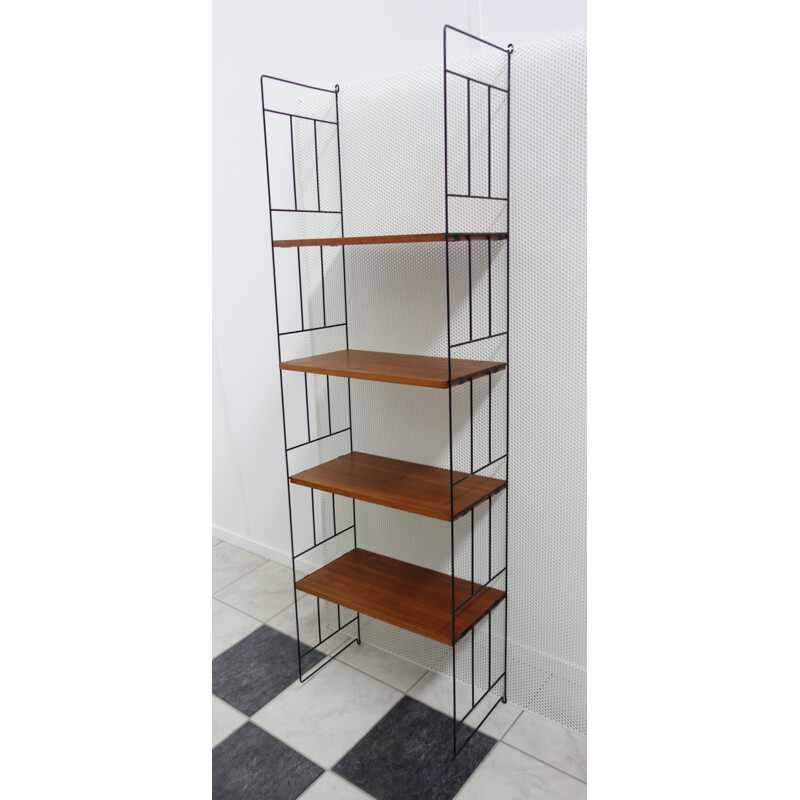 Large wall storage unit with 4 wooden shelves - 1960s