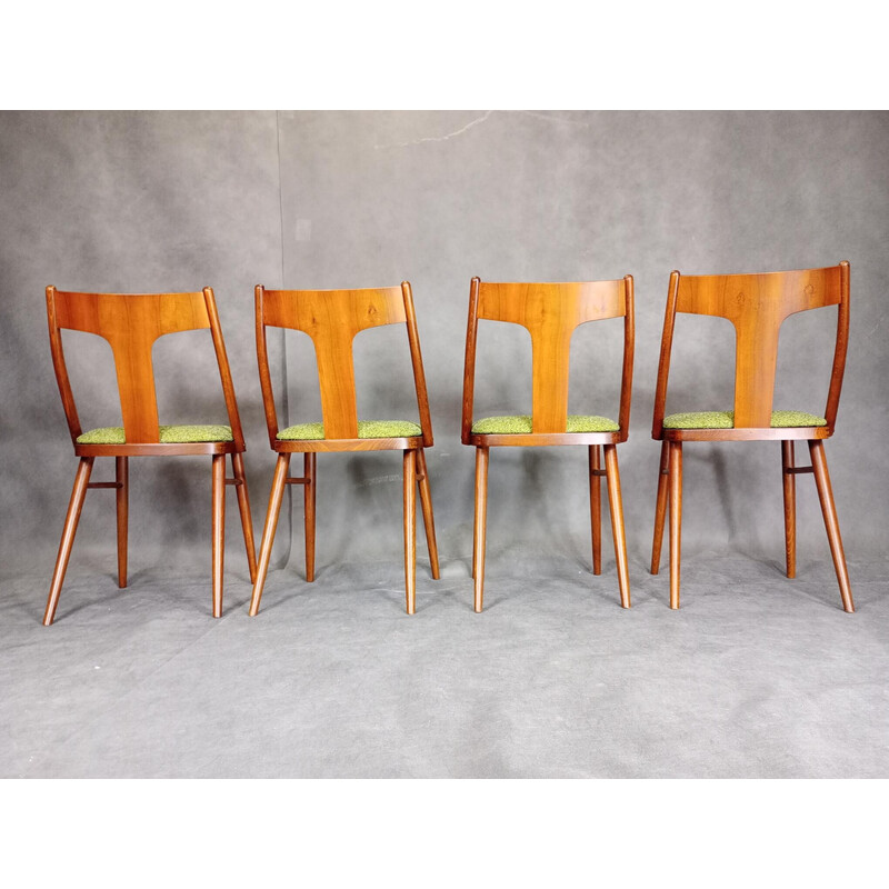 Set of 4 vintage chairs in walnut and green fabric by Miere Topolčany, Czechoslovakia 1960