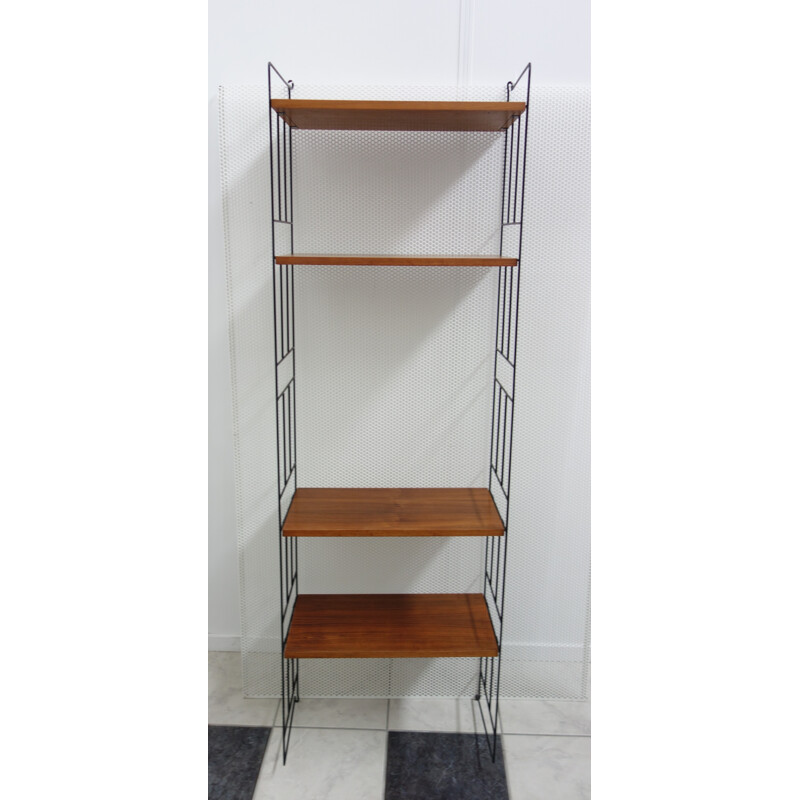 Large wall storage unit with 4 wooden shelves - 1960s