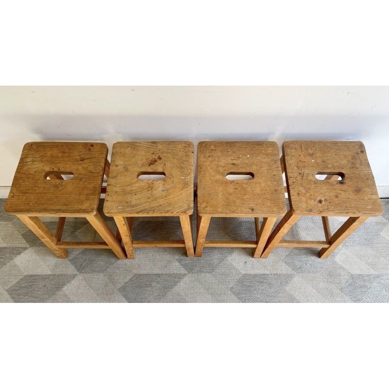 Set of 4 vintage solid oak laboratory stools, UK
