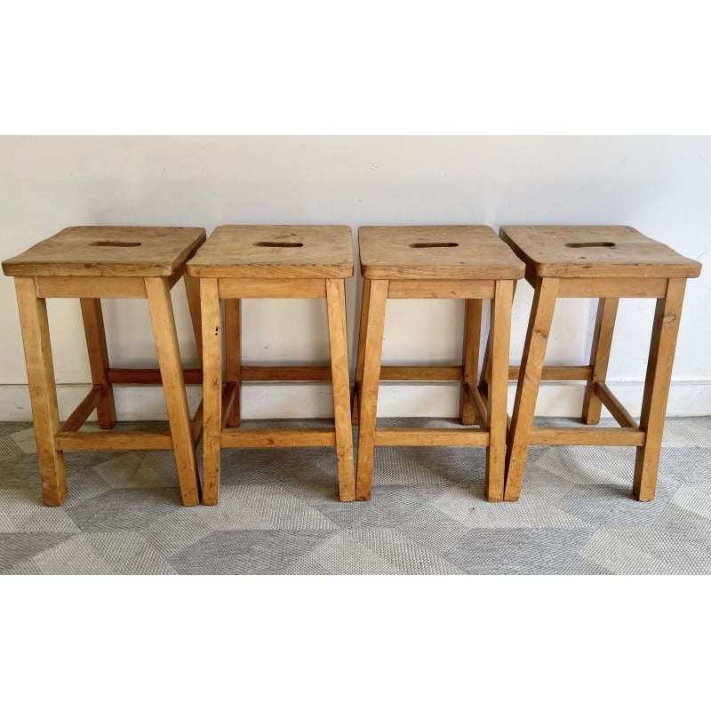 Set of 4 vintage solid oak laboratory stools, UK