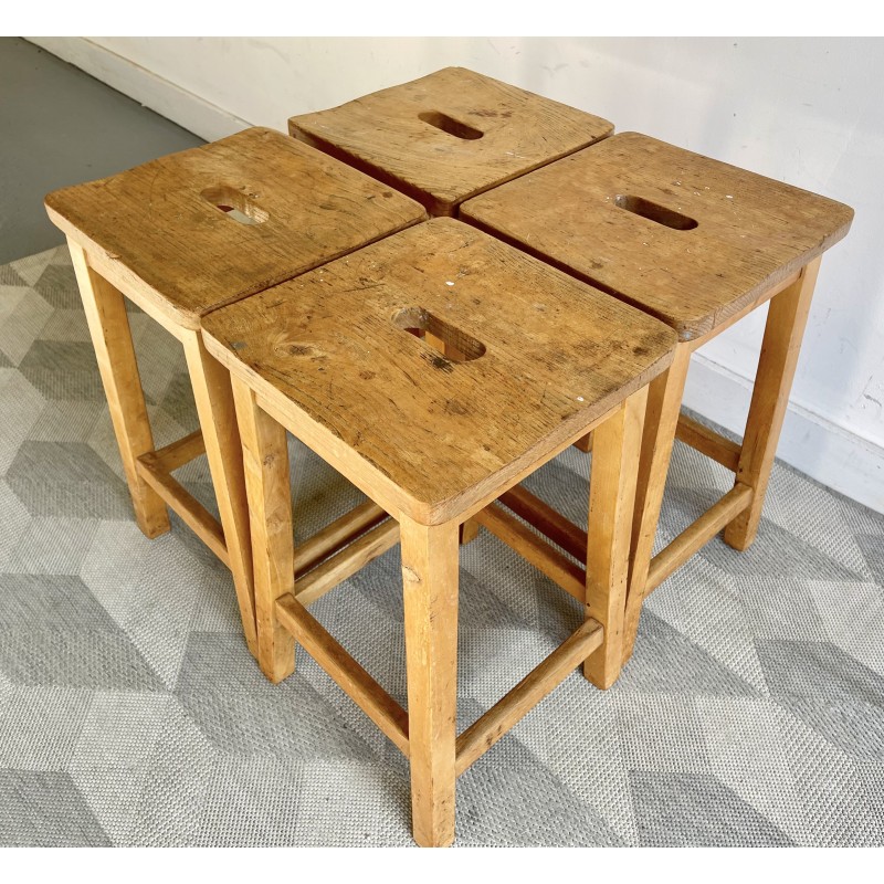 Set of 4 vintage solid oak laboratory stools, UK