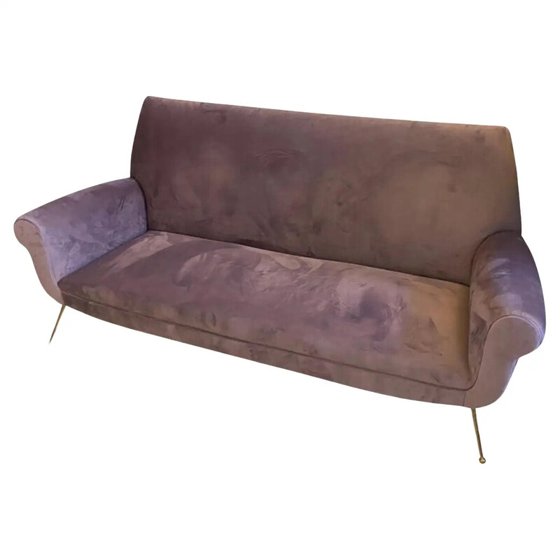 Vintage 3-seater sofa in patinated brass and velvet, Italy 1950