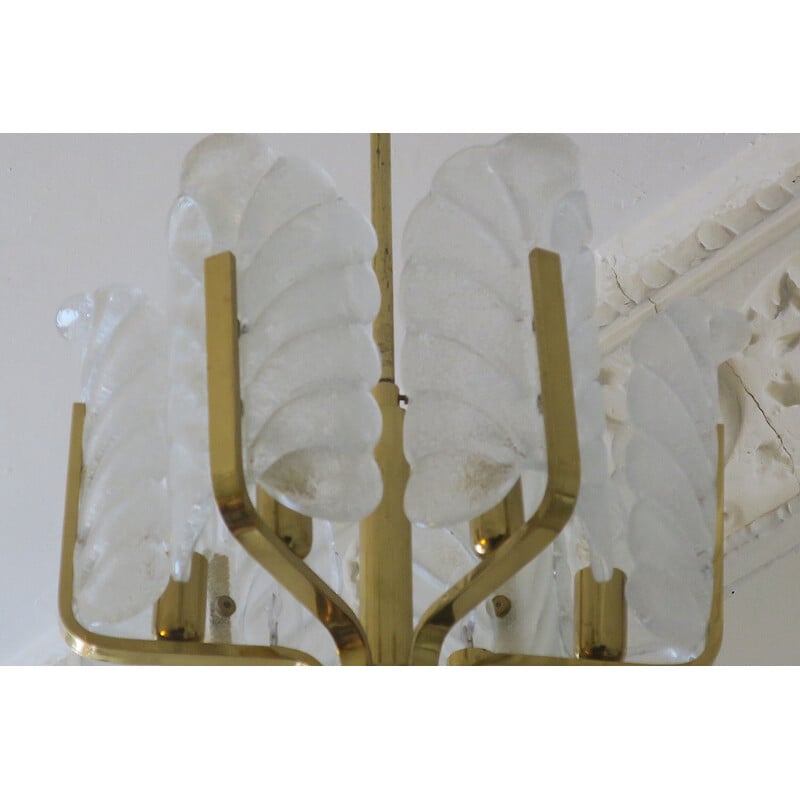 Vintage brass chandelier with 6 acanthus leaves by Carl Fagerlund for Orrefors, Sweden 1960