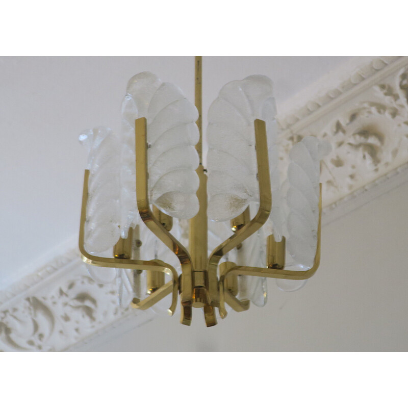 Vintage brass chandelier with 6 acanthus leaves by Carl Fagerlund for Orrefors, Sweden 1960