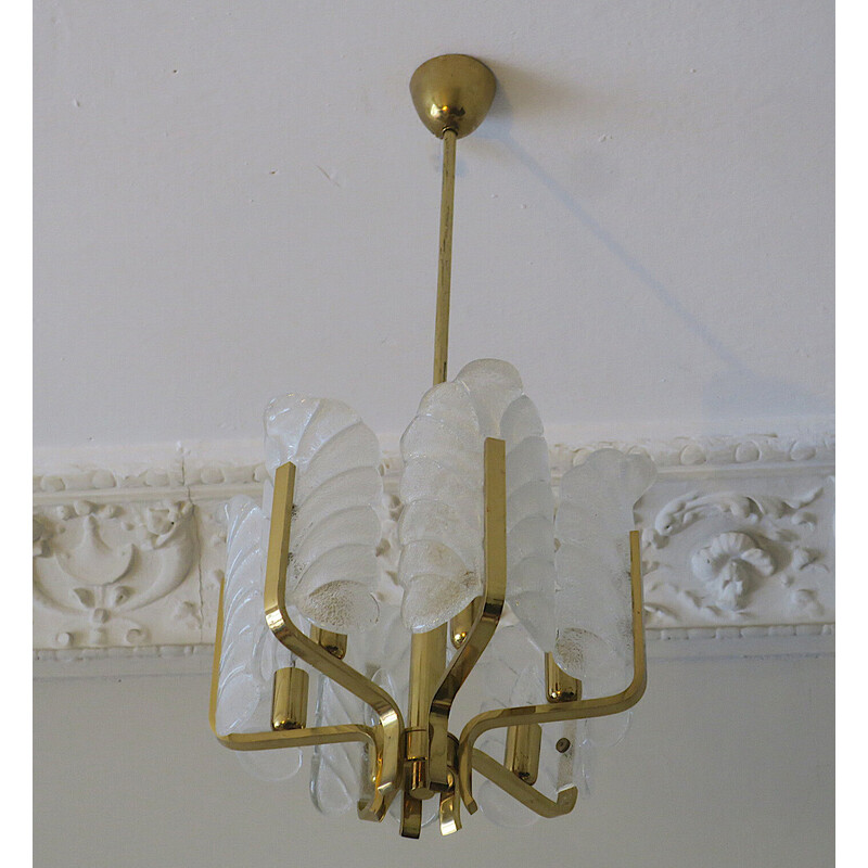 Vintage brass chandelier with 6 acanthus leaves by Carl Fagerlund for Orrefors, Sweden 1960